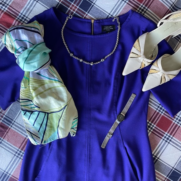 Tahari Seamed A Line half sleeve blue violet dress M 10 EUC - Picture 11 of 15
